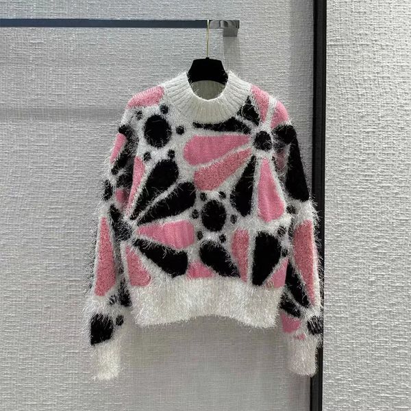 Женские свитера, осенний сладкий розовый, черный цветочный жаккардовый свитер с кисточками, женский свитер с круглым вырезом и длинными рукавами с бриллиантами, милый вязаный пуловер 231107