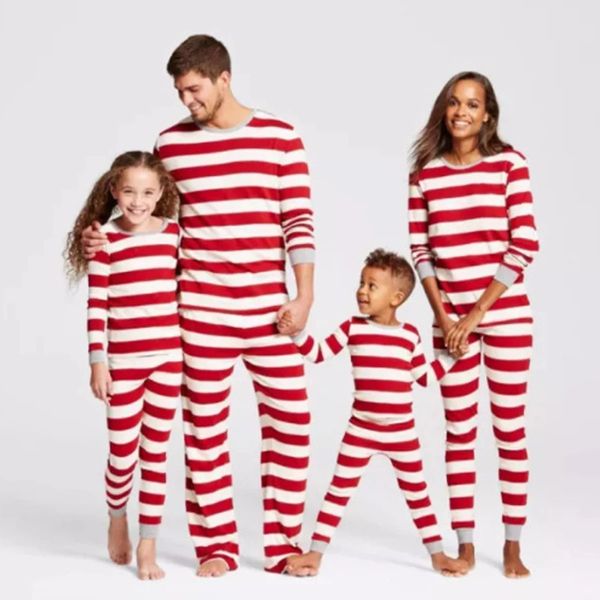 Família combinando roupas de natal pijamas conjunto sleepwear nightwear manga longa vermelho listrado ano roupas conjuntos mãe pai criança 2 peças 231107