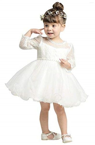 Abiti da ragazza Abito a fiori Bianco soffice tulle in pizzo stile corto Manica lunga Matrimonio Bambino carino Primo ballo di fine anno eucaristico