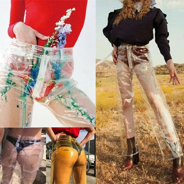 Calças femininas moda pvc plástico à prova dwaterproof água ver embora único transparente sólido cintura alta perna larga calça solta streetwear