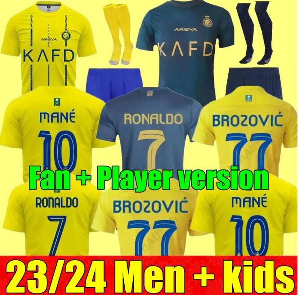 23 24 Al Nassr FC Fußballtrikots Ronaldo 2023 2024 Home Gelb Auswärts CR7 Gonzalo Mane Martinez Talisca Männer FANS Version Männer Kinder Kit Fußballtrikot Al-Nassr