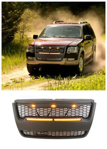 Offroad-Außenteile, Frontgrill, Renngrills, oberes Gitter, mit Emblem, passend für Ford Explorer 2006–2010, Stoßfängergrill mit LED-Leuchten