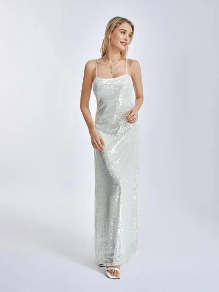 Lässige Kleider Wsevypo Elegante glitzernde Pailletten weißes Party-Abendkleid Damen Spaghetti-Träger rückenfrei gewickelt glitzert Vestidos