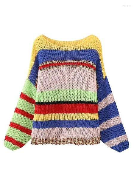 Женские свитера, осенний зимний полосатый красочный вязаный крючком пуловер с длинными рукавами, женский свитер оверсайз, свободный трикотаж с заниженными плечами, R с круглым вырезом