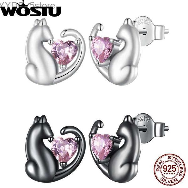 Ohrstecker WOSTU 925 Sterling Silber Niedliche Kätzchen-Ohrringe, vergoldete Platin-Katzen-Ohrstecker mit rosa Zirkon für Frauen, täglicher Party-Schmuck, Geschenk YQ231107