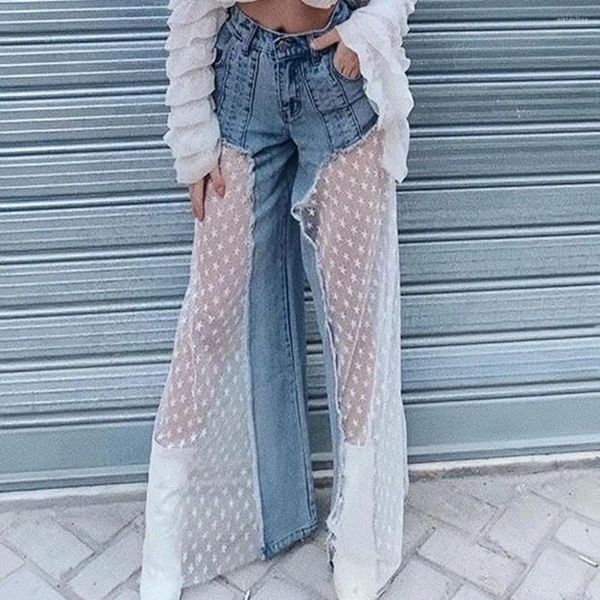 Calças de brim femininas cutubly sexy malha renda estrela retalhos calças jeans retas ver através do zíper streetwear solto vintage calças largas perna