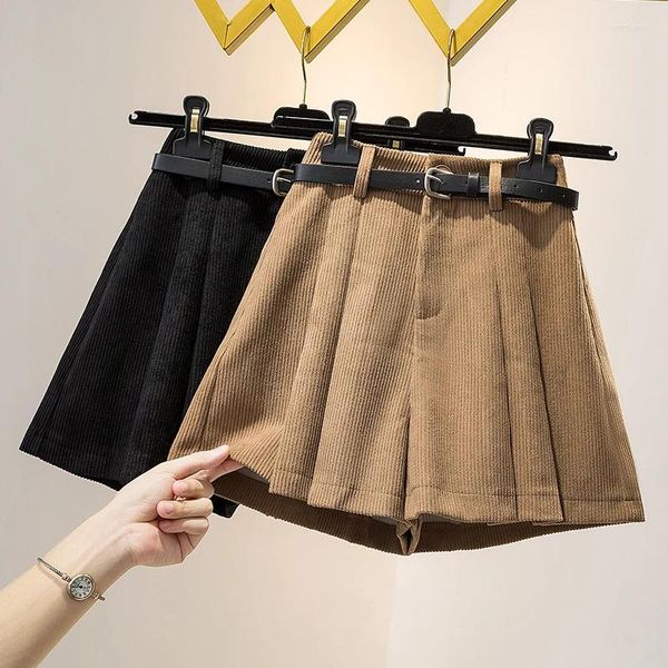 Frauen Shorts Gürtel Plissee Cord Röcke Frauen Hohe Taille Breite Bein Hosen Weibliche Herbst Lose Beiläufige Mujer Pantalones Schwarz