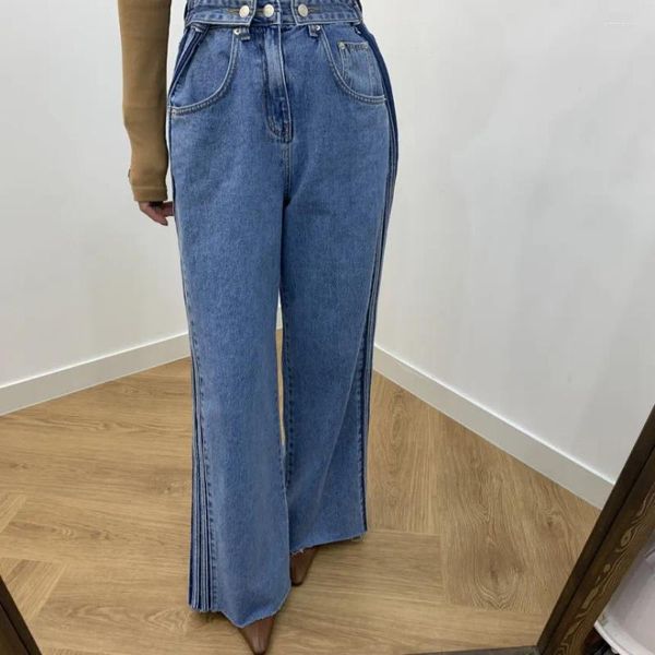 Damen-Jeans, Südkorea, schick, Herbst, französische Nische, hohe Taille, schlanke Schnalle, Sport-Bar-Design, Sinn für breites Bein, lässig