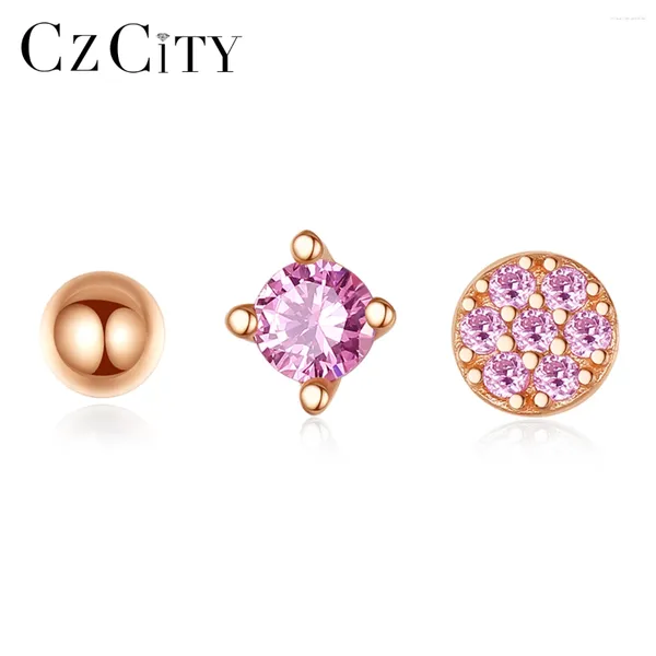 Orecchini a bottone CZCITY Set di orecchini in argento sterling 925 con pietre rosa CZ Set di orecchini piccoli e carini da tre pezzi per ragazza Regali di Natale romantici Amico