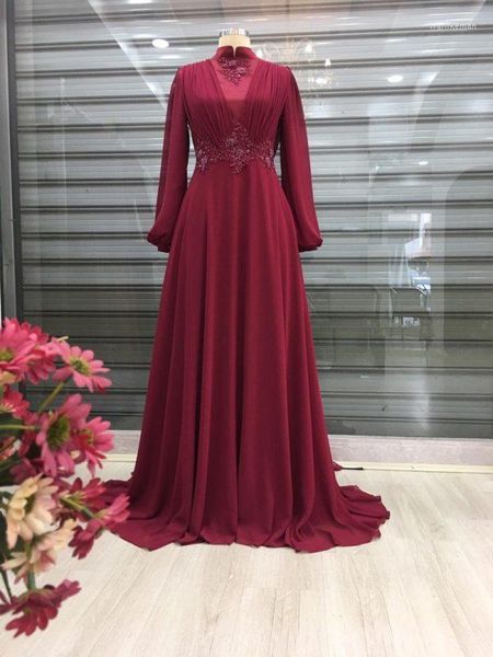 Partykleider Chiffon Applikationen 2023 Muslimisches Abendkleid Stehkragen Langarm A Line Saudi Arabisch Marokkanischer Kaftan Abend Formelle Kleider