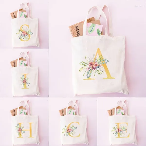Sacos de compras iniciais personalizadas A-Z lona sacola flores padrão shopper senhoras despedida de solteira presente praia para a noiva professor