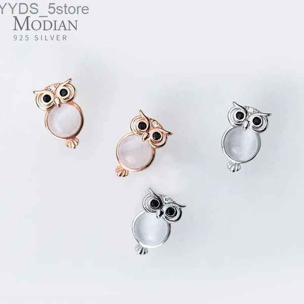 Stud Modian Branco Opala Bonito Coruja Orelha Studs para Mulheres Presente Autêntico 925 Sterling Silver Rose Gold Color Stud Brinco Moda Jóias YQ231107