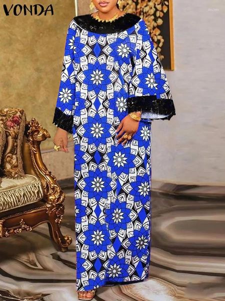 Vestidos casuais vonda 2023 boêmio floral impresso sundress mulheres longo maxi vestido renda retalhos manga solta vestidos robe femme