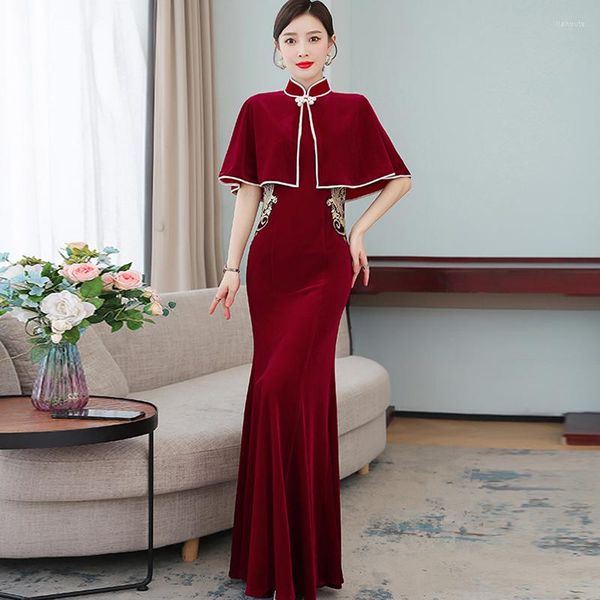 Abbigliamento etnico Borgogna Moda Qipao Eleganza Abito asiatico moderno Stile cinese retrò Cheongsam Donna Cina Abbigliamento Coda di pesce