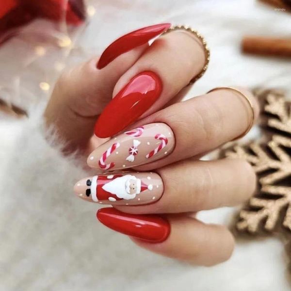 Unghie finte 24 pezzi Unghie a mandorla French pressate Punta finta per Halloween Babbo Natale Set completo fai da te Manicure indossabile rimovibile