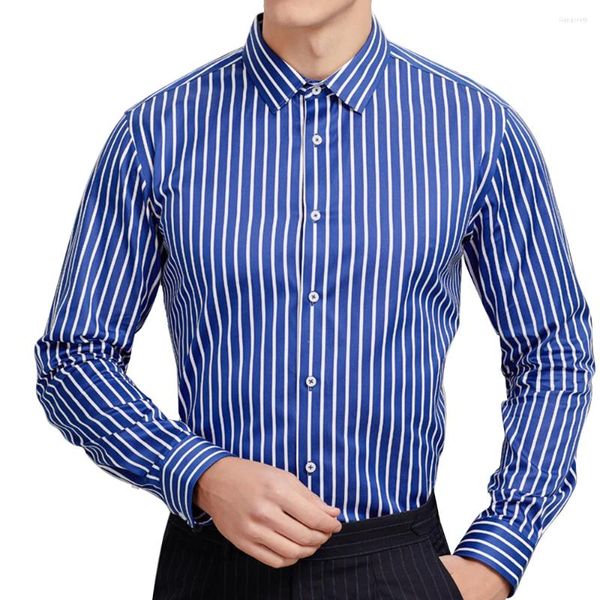 Herrenhemden Luxus Herren 120S 2-lagige Baumwolle Gestreiftes Hemd Langarm Herren Business Nadelstreifen Blau Weiß Design