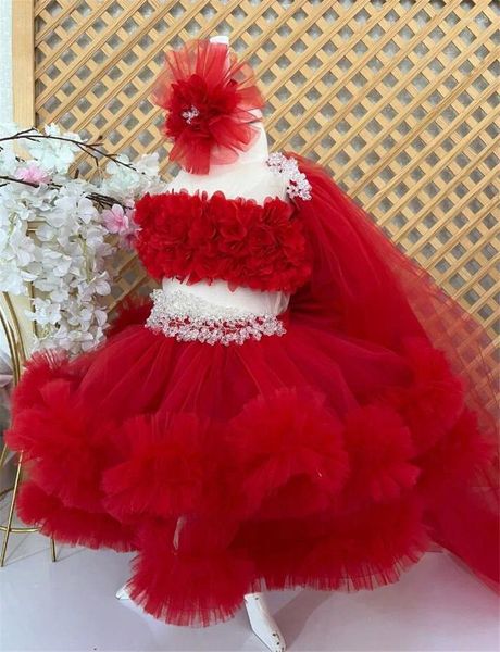 Kız Elbise Kırmızı Çiçek Bebek Elbise Bebek Tutu Vaftiz Kıyafet Çocuk Doğum Günü Noel Hediyesi 12m 18m 24m Baş Yay ile