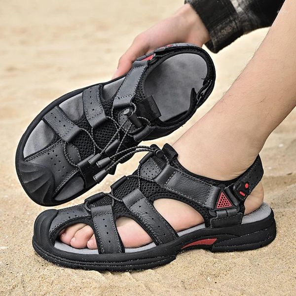 Couro genuíno clássico sandálias de qualidade sapatos de verão confortável com conforto praia use a pé de pé de caminhada 123 482