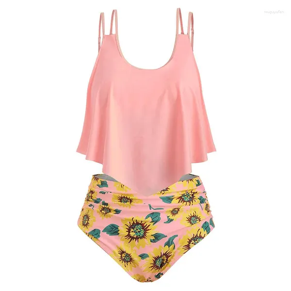Damen Bademode 2023 Sommer Große Größe Rüschen Hohe Taille Sunflower Print Bikini Badeanzug Sexy Mode Beachwear Zwei-stück