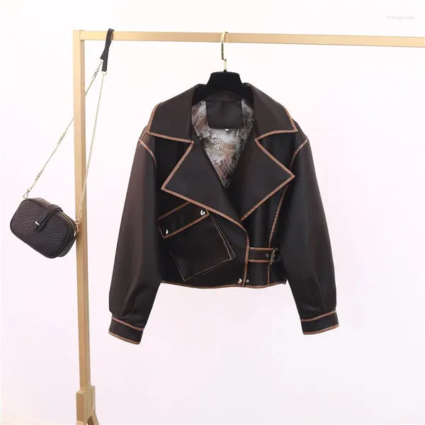 Women's Leather Spring Women Women Vintage Bavani a manica lunga Fucice PU Casici Casual Autunno Pocket Copertura Short Motorcycle Jacket Streetwear Fashion