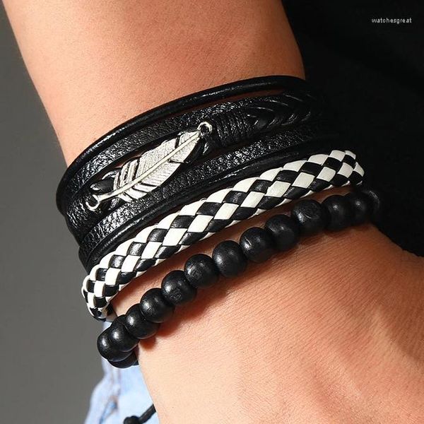 Link Armbänder 4 Teile/satz Geflochtene Wrap Leder Für Frauen Männer Einfache DIY Blatt Armband Liebhaber Schmuck Großhandel