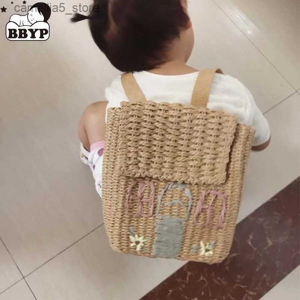 Mochilas Novo estilo Kawaii saco de tecido de palha de ombro duplo com mochila de transporte de mão para crianças Q231108