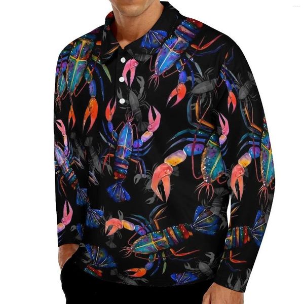 Мужские поло «Лобстеры», повседневные футболки, красочные рубашки поло с животными, мужская винтажная рубашка, осенняя одежда с длинными рукавами и принтом, большой размер