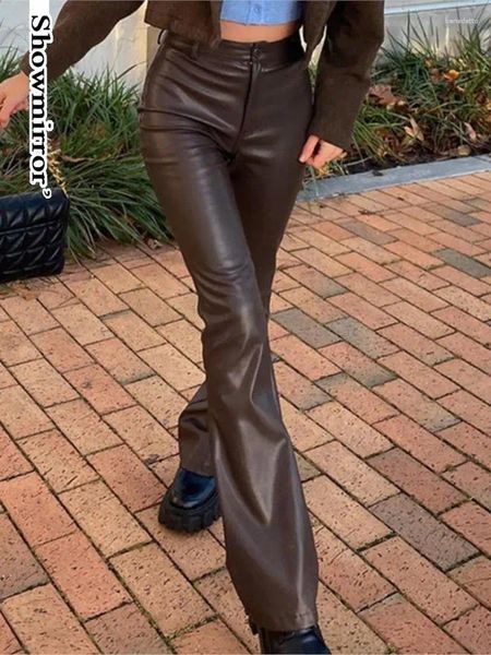 Calças femininas bonito calças marrons pu cintura alta cabido longo mulheres elegantes calças de couro falso punk moda senhoras roupas festa oufit