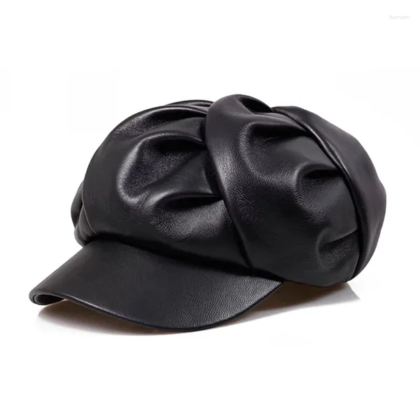 Berretti Cappello ottagonale in vera pelle Ragazza Berretti vintage da ragazzo Berretto da pittore autentico Donna Berretto stile inglese Boinas nero