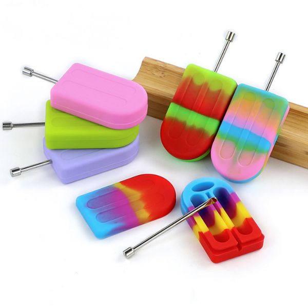 Großhandel bunte Silikon tragbare trockene Kräuter Tabak Bohrinseln Nägel Spitze Stroh Löffel Aufbewahrungsbox Rauchen Hand Zigarettenspitze Stash Case Wasserpfeife Bong Dabber