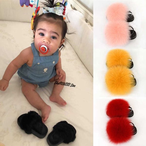 Pantofola da ragazza soffici sandali pelosi per bambini peluche in pelliccia di volpe pantofole per bambini scarpe basse per bambini cinturino colorato per bambini scivoli casual nuovo Y2304