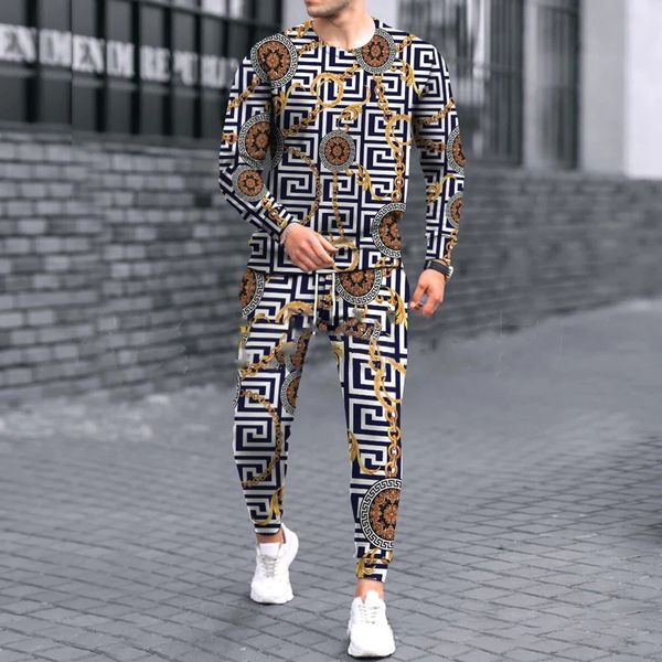 Homens Tracksuits Homens Luxo Imprimir Camisa Calças Longas Set 2 Peças Padrão de Corrente de Ouro Terno Masculino Moda Tracksuit Casual Outfit Primavera Roupas 231107