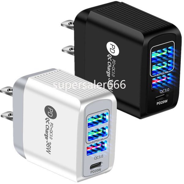 Carregadores rápidos de 36 W 4 portas QC3.0 PD Tipo c USB C Carregador de parede AC Home Travel Adaptadores da UE para Iphone 14 15 Samsung Tablet PC S1