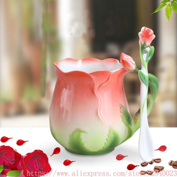 Canecas 3D Rose Flower esmalte a caneca de caneca Cup de leite com colher de cerâmica Creativa Cerâmica China Drina