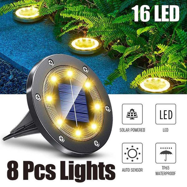 Lâmpadas de gramado atualizadas 16 luzes solares LEDs solar solar lâmpadas de jardim solar lâmpadas Lâmpadas de lawn lâmpadas de disco da paisagem iluminação da paisagem P230406