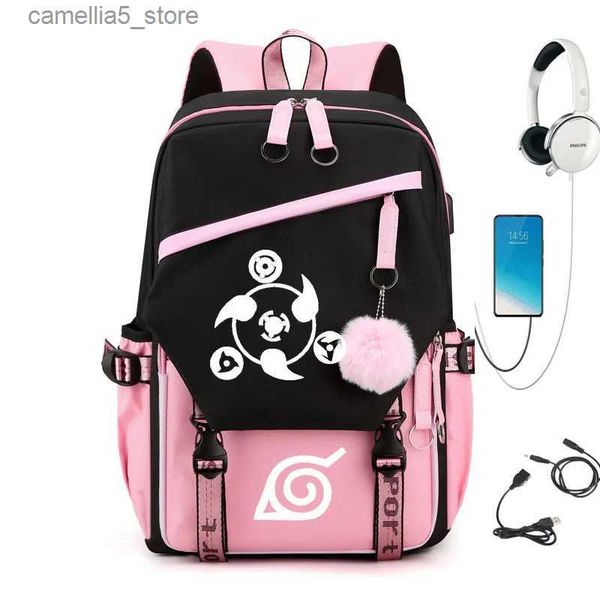Mochilas Luminous Naruto USB Grande capacidade Estudante adolescente Schoolbag Cartoon School Bag Mochila Mochila de viagem Mochila infantil Q231108