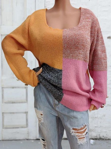 Damenpullover Benuynffy Square Neck Color Block Strickpullover Frauen 2023 Herbst Winter Langarm Knopf Patchwork Casual Loose Jumper