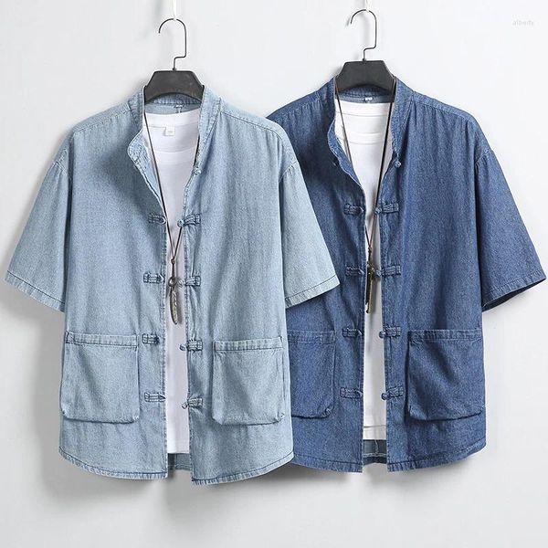 Abbigliamento etnico da uomo in stile cinese Hanfu colletto alla coreana camicia di jeans estiva tradizionale abito da uomo con tasca grande