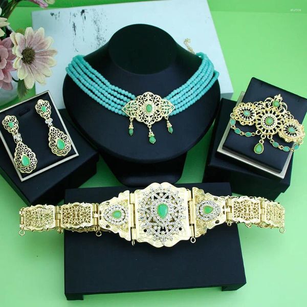 Halskette Ohrringe Set Sunspicems Marokko Braut Hochzeit für Frauen Goldfarbe Arabischer Kaftan Taillengürtel Brosche Perlenhalsband