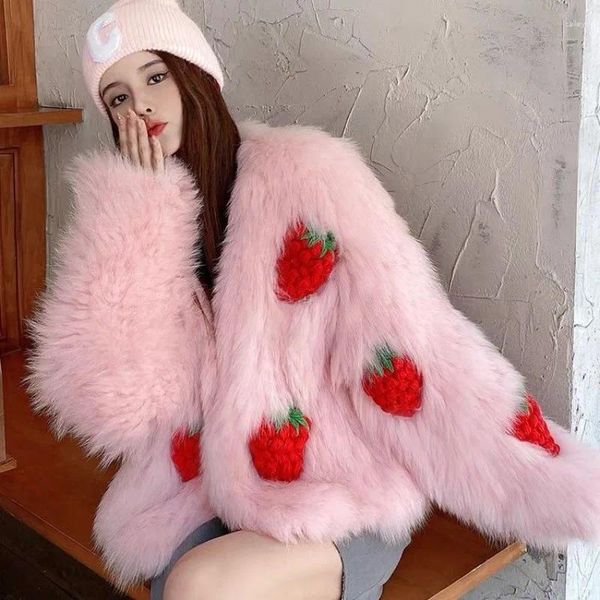 Damen Fur 2023 Woven Integrated Coat Strawberry Sweetheart Jugendjacke