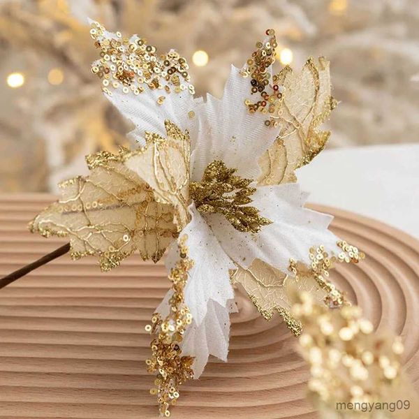 Weihnachtsdekorationen 1PC Weihnachtsstern Glitzer Künstliche Blumen Kunststofftuch für Zuhause Weihnachtsbaum Party Hochzeit Arrangement Dekoration R231107