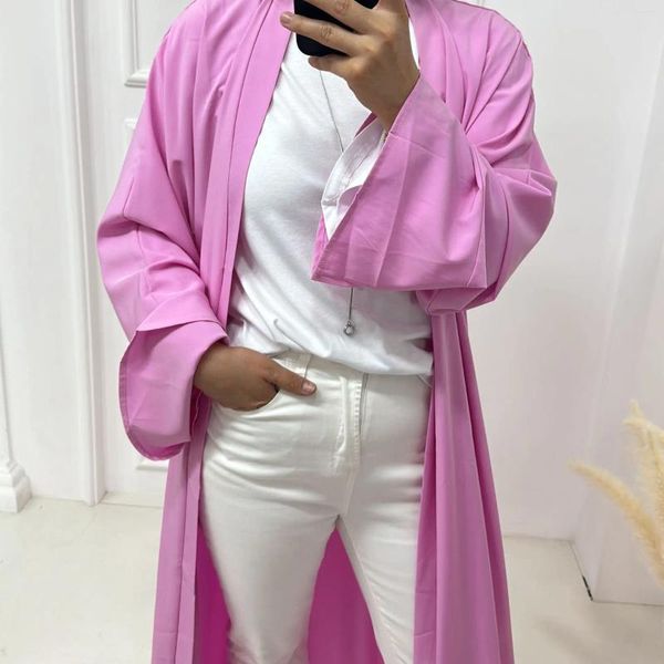 Etnik Giyim Eid Open Abaya Dubai Ramazan Müslüman Gövde Elbise Kaftan Kadınlar İçin Pembe Satin Abayas İslam Giysileri Kabaya Kimono Femme