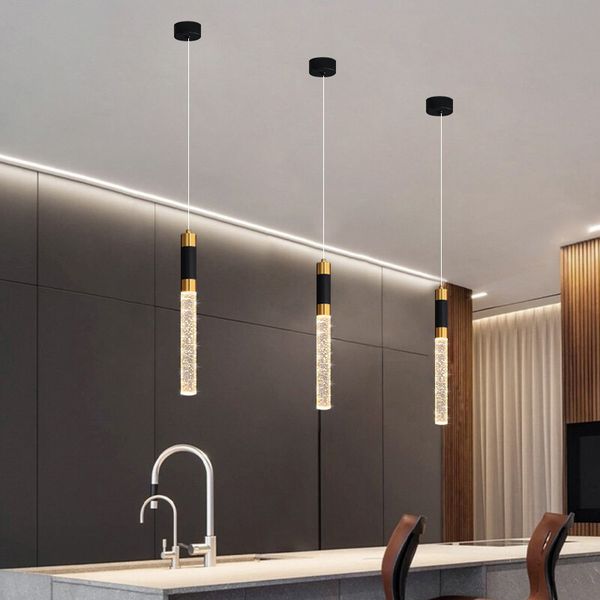 Moderne minimalistische Lampe, Luxus-Restaurant, Bar, Schwarzgold, zylindrische Vorderseite, kreative Dekoration, Nachttisch-Kristall-Kronleuchter, LED-Leuchten