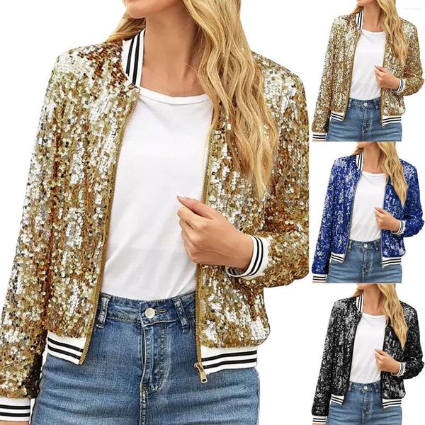 Giubbotti da donna Ladies Paillettes Stripe Manica lunga Cappotto casual Primavera Autunno Sottile Bomber per le donne 2023 Cardigan Cappotti Hip Hop