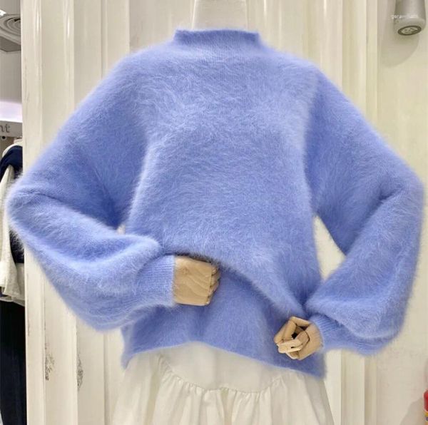 Suéteres femininos 2023 moda outono inverno azul malha mohair pullovers coreano mulheres macio mink cashmere mock pescoço lanterna manga solta