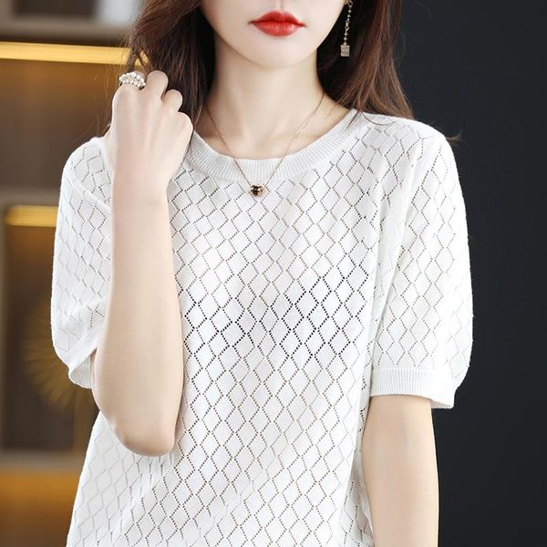 Camisas femininas Termilhas de algodão oco de malha de malha curta de manga curta Roul Round Color Solid Corean Fashion Loose All-Match Top