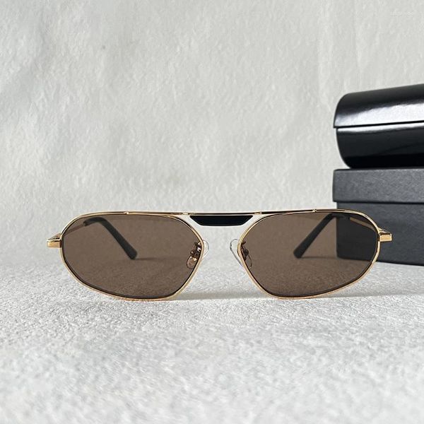 Óculos de sol moldura de metal dourado retângulo oval para mulheres homens moda lentes marrons sol vidro uv400 com caixa unisex