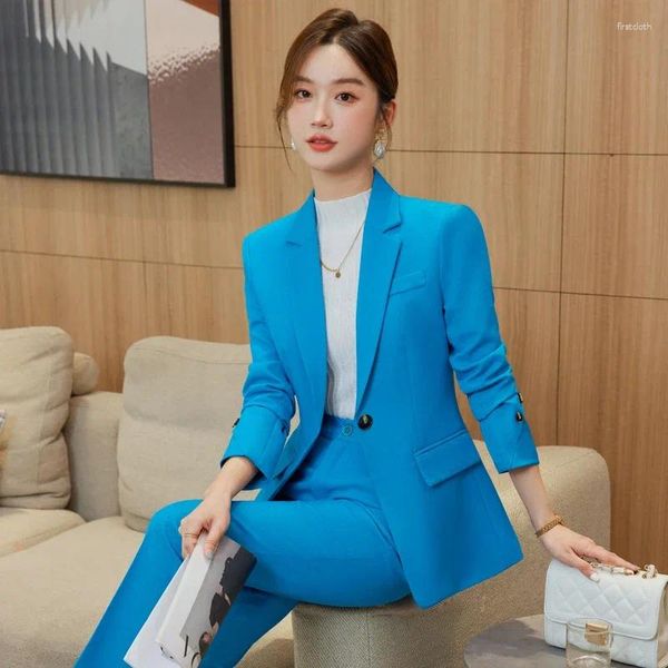 Mulheres duas peças calças moda mulheres ternos de negócios blazer e calça conjunto senhoras jaqueta de trabalho esteticista escritório uniforme design estilo azul