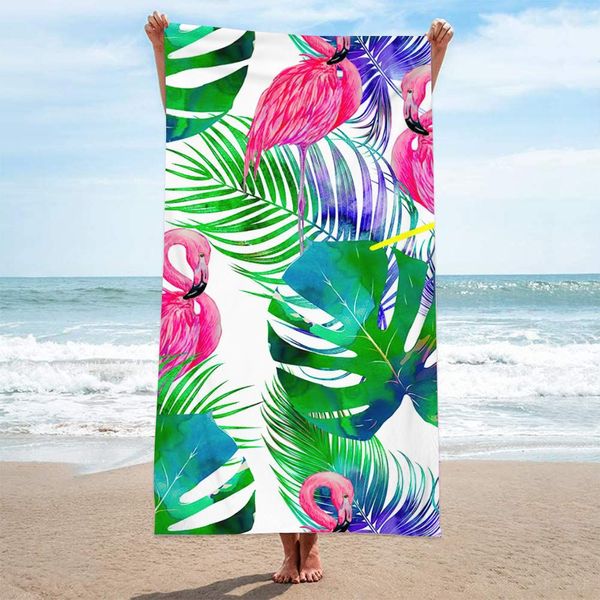 Benutzerdefiniertes Rechteck-Strandtuch, tropischer Blumen-Flamingo-Druck, Sommer, Mikrofaser, super saugfähig, mit feinem und zartem Frottee, 250 g/m²