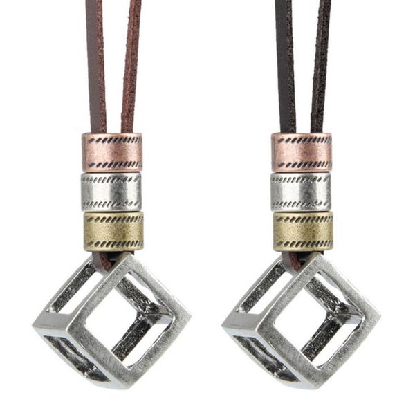 Anhänger Halsketten Vintage Damen Herren Verstellbare Leder Seil Kette Halskette Shellhard Hollow Square Cube Unisex Einfacher Schmuck